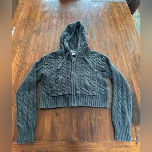 AE Cropped Black Cable Knit Zip up Hooded Sweater